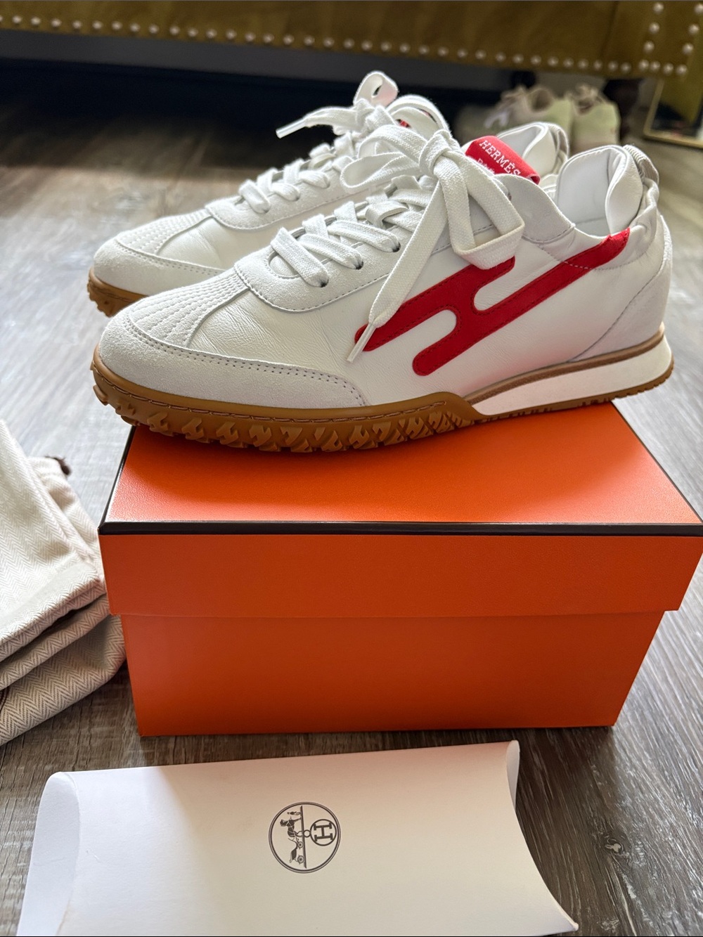 Hermes nude Sneakers with orange Accents